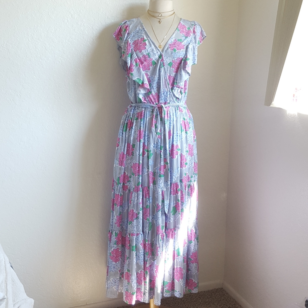 Crown & Ivy Floral Ruffled Dress Long Rayon Maxi Sleeveless  Dress NEW US 14 $89